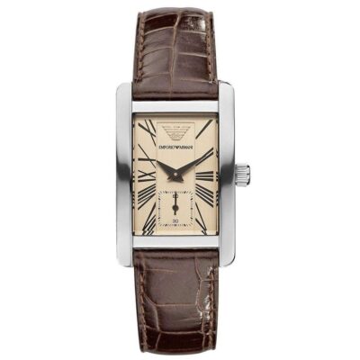 Emporio Armani Men's Rectangular Beige Dial Brown Leather Strap Watch - AR0154